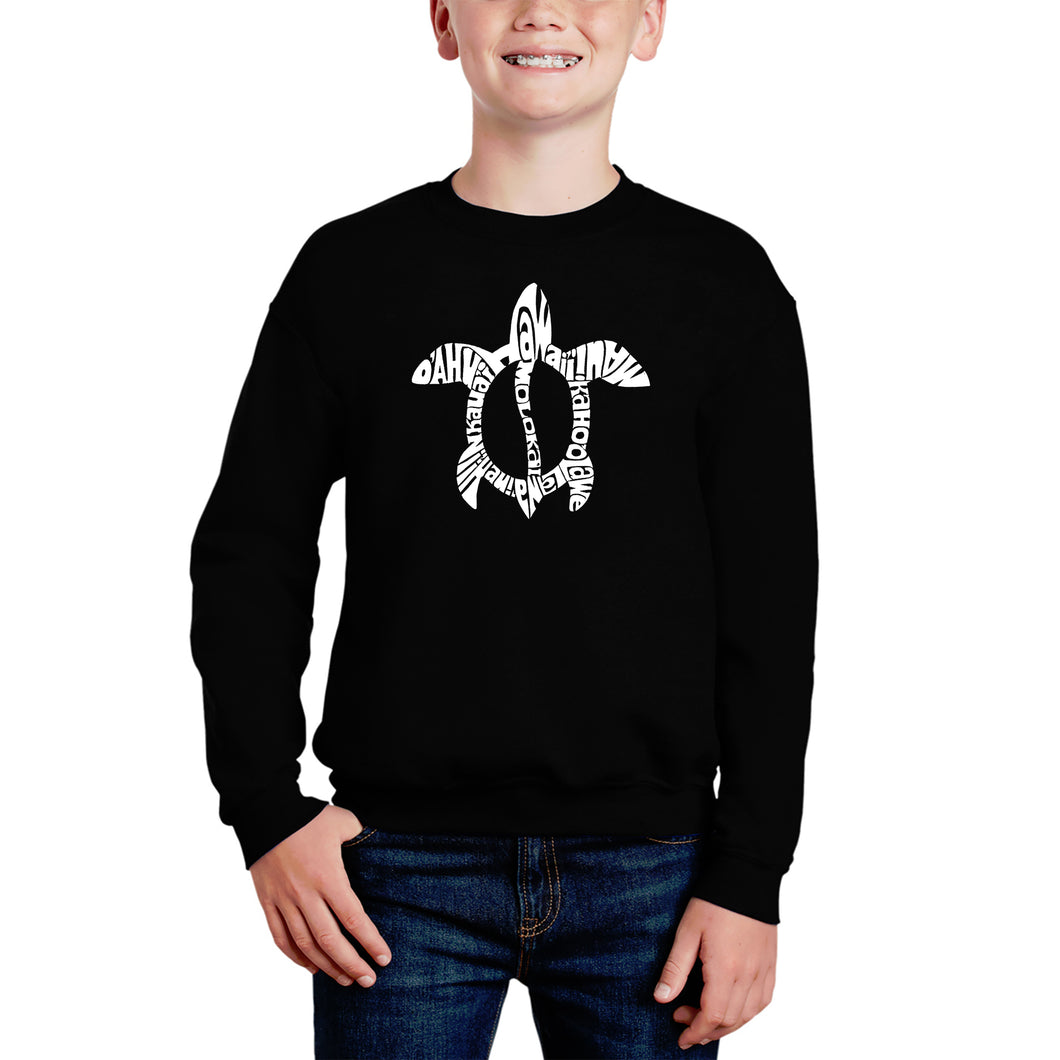 Honu Turtle - Hawaiian Islands - Boy's Word Art Crewneck Sweatshirt