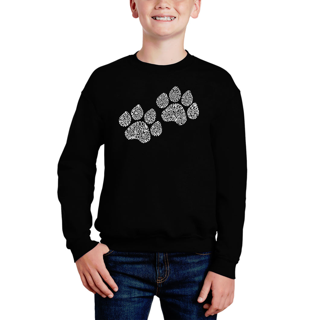 Woof Paw Prints - Boy's Word Art Crewneck Sweatshirt