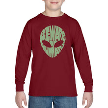 Load image into Gallery viewer, LA Pop Art Boy&#39;s Word Art Long Sleeve - Beware of Humans