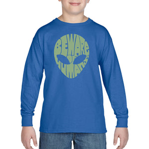 LA Pop Art Boy's Word Art Long Sleeve - Beware of Humans