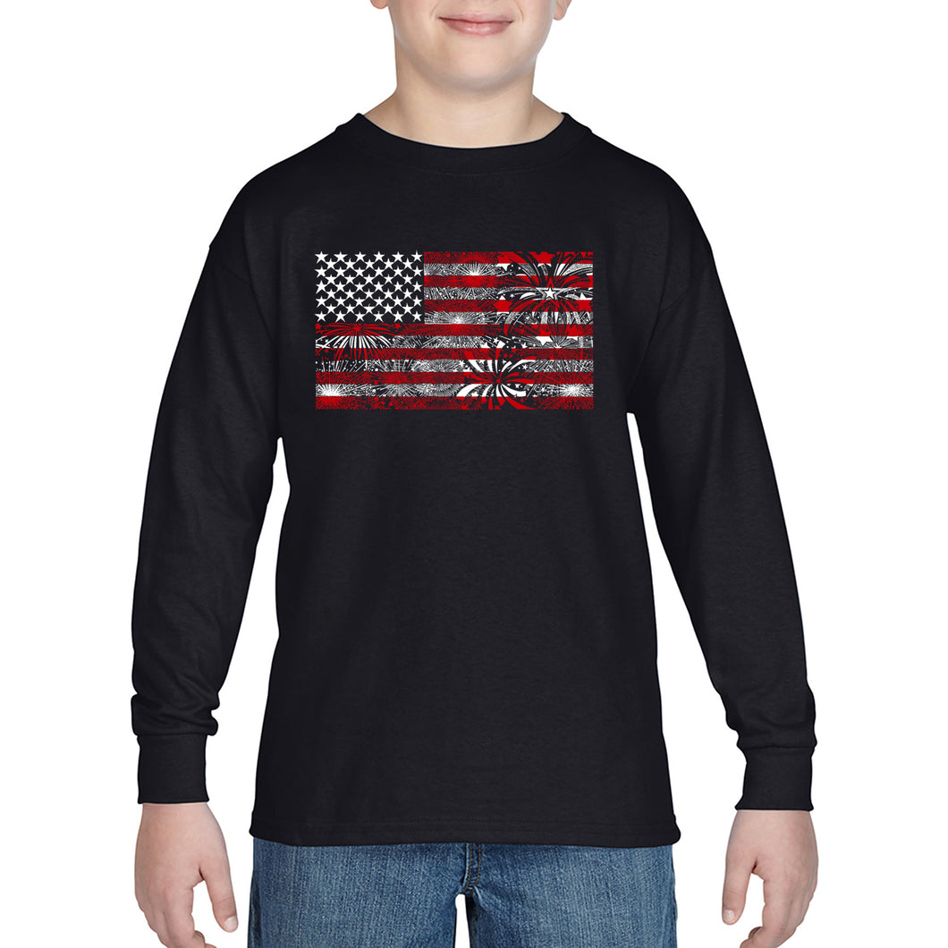 Boy's Word Art Long Sleeve - Fireworks American Flag