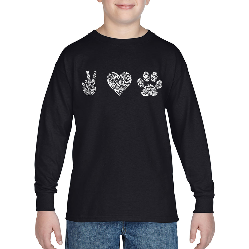 LA Pop Art Boy's Word Art Long Sleeve - Peace Love Dogs