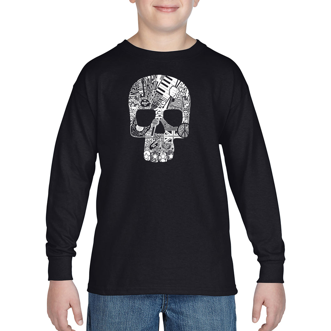 Rock n Roll Skull - Boy's Word Art Long Sleeve T-Shirt