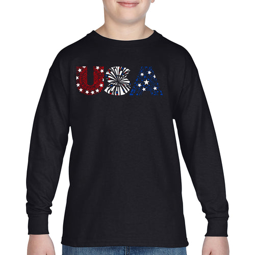 USA Fireworks - Boy's Word Art Long Sleeve T-Shirt