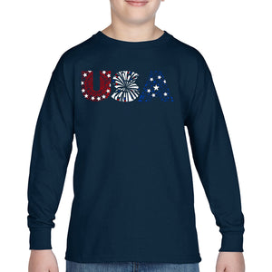 USA Fireworks - Boy's Word Art Long Sleeve T-Shirt