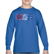 Load image into Gallery viewer, USA Fireworks - Boy&#39;s Word Art Long Sleeve T-Shirt