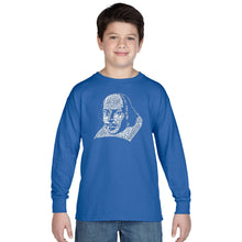 Load image into Gallery viewer, THE TITLES OF ALL OF WILLIAM SHAKESPEARE&#39;S COMEDIES &amp; TRAGEDIES - Boy&#39;s Word Art Long Sleeve