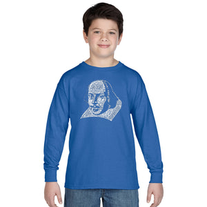 THE TITLES OF ALL OF WILLIAM SHAKESPEARE'S COMEDIES & TRAGEDIES - Boy's Word Art Long Sleeve