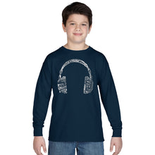Load image into Gallery viewer, Music in Different Languages Headphones - Boy&#39;s Word Art Long Sleeve