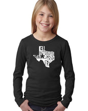 Load image into Gallery viewer, LA Pop Art Girl&#39;s Word Art Long Sleeve - Everything is Bigger in Texas