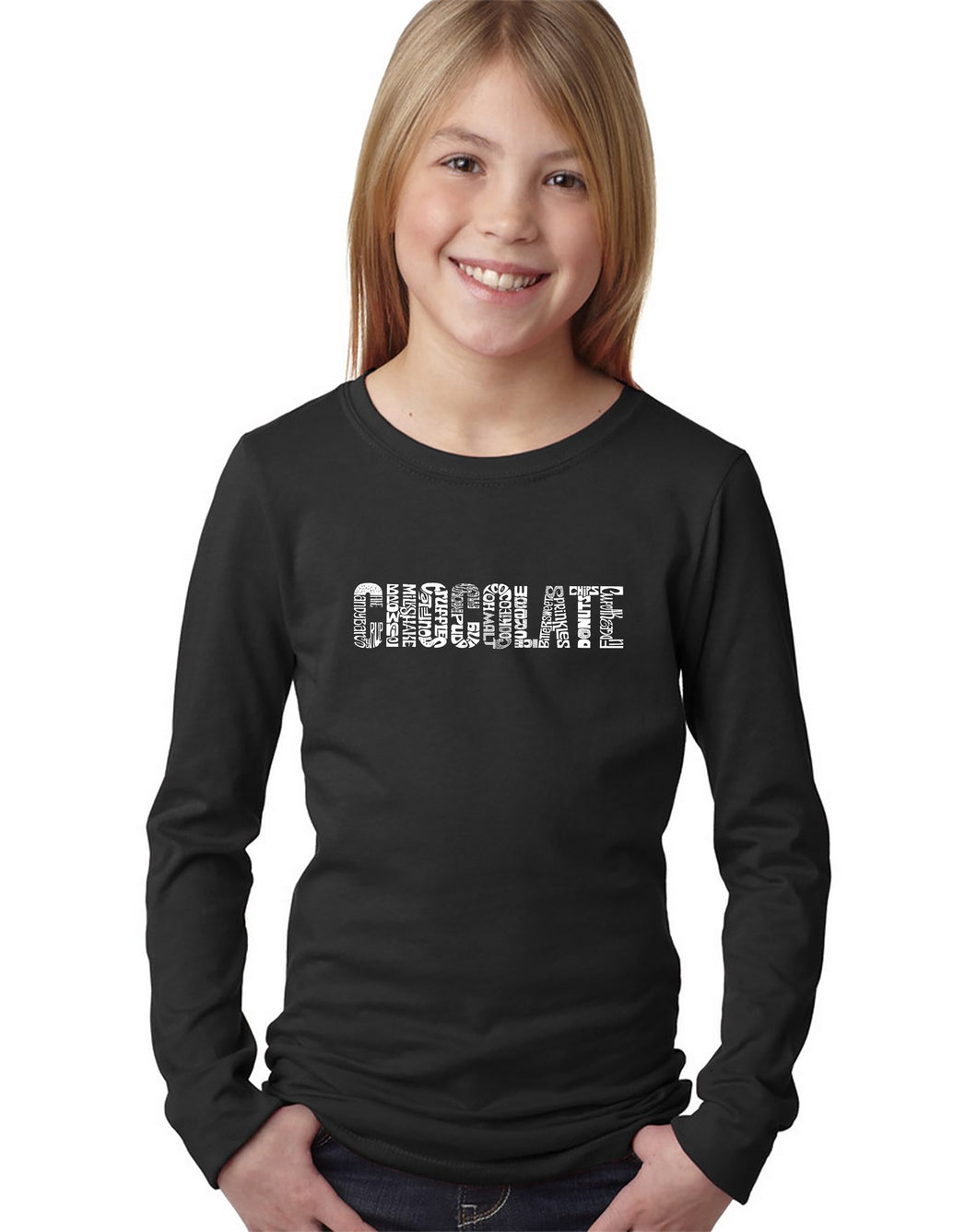 LA Pop Art Girl's Word Art Long Sleeve - Different foods made with chocolate