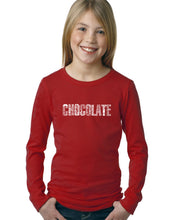 Load image into Gallery viewer, LA Pop Art Girl&#39;s Word Art Long Sleeve - Different foods made with chocolate