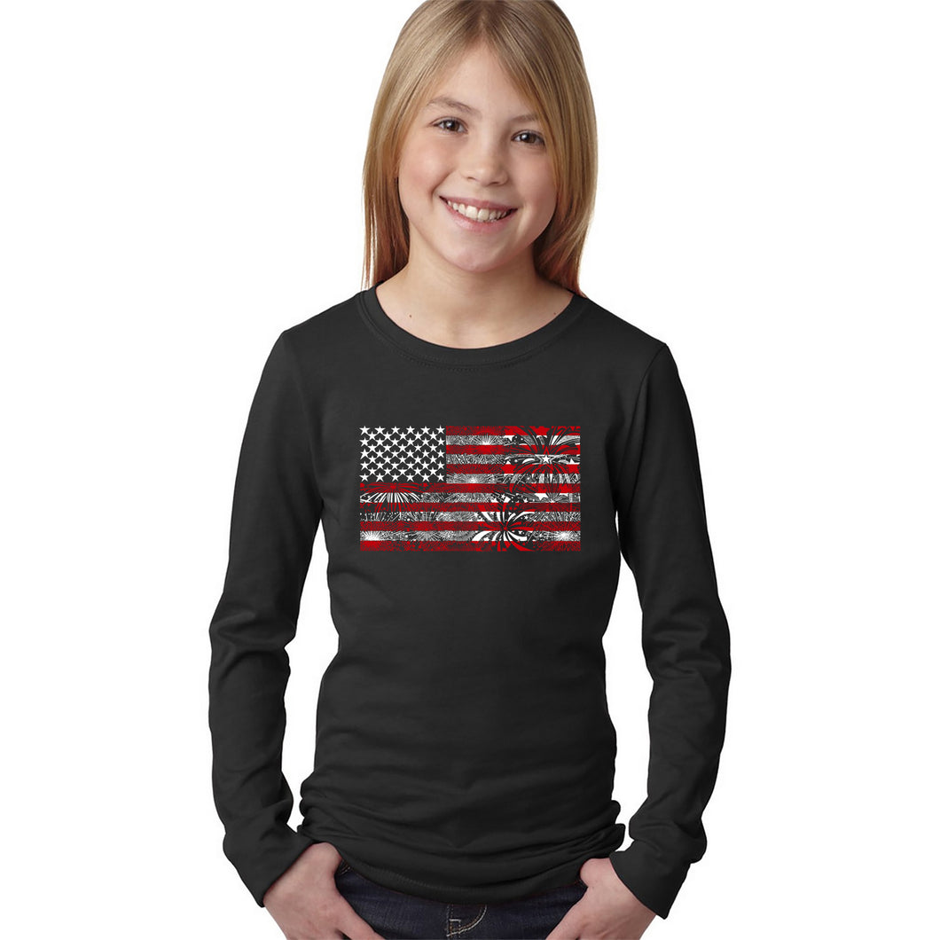 Girl's Word Art Long Sleeve - Fireworks American Flag