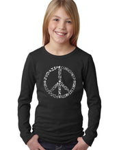 Load image into Gallery viewer, LA Pop Art Girl&#39;s Word Art Long Sleeve - Different Faiths peace sign