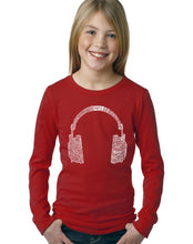 Load image into Gallery viewer, LA Pop Art Girl&#39;s Word Art Long Sleeve - 63 DIFFERENT GENRES OF MUSIC