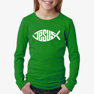 LA Pop Art Girl's Word Art Long Sleeve - Christian Jesus Name Fish Symbol