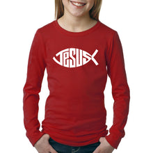 Load image into Gallery viewer, LA Pop Art Girl&#39;s Word Art Long Sleeve - Christian Jesus Name Fish Symbol