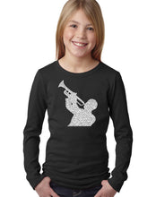 Load image into Gallery viewer, LA Pop Art Girl&#39;s Word Art Long Sleeve - ALL TIME JAZZ SONGS