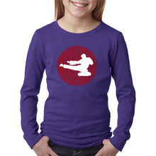 Load image into Gallery viewer, LA Pop Art Girl&#39;s Word Art Long Sleeve - Types of Martial Arts