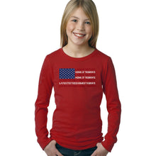Load image into Gallery viewer, LA Pop Art Girl&#39;s Word Art Long Sleeve - Land of the Free American Flag