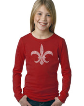 Load image into Gallery viewer, LA Pop Art Girl&#39;s Word Art Long Sleeve - FLEUR DE LIS - POPULAR LOUISIANA CITIES