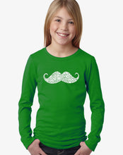 Load image into Gallery viewer, LA Pop Art Girl&#39;s Word Art Long Sleeve - WAYS TO STYLE A MOUSTACHE