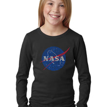 Load image into Gallery viewer, LA Pop Art Girl&#39;s Word Art Long Sleeve - NASA&#39;s Most Notable Missions