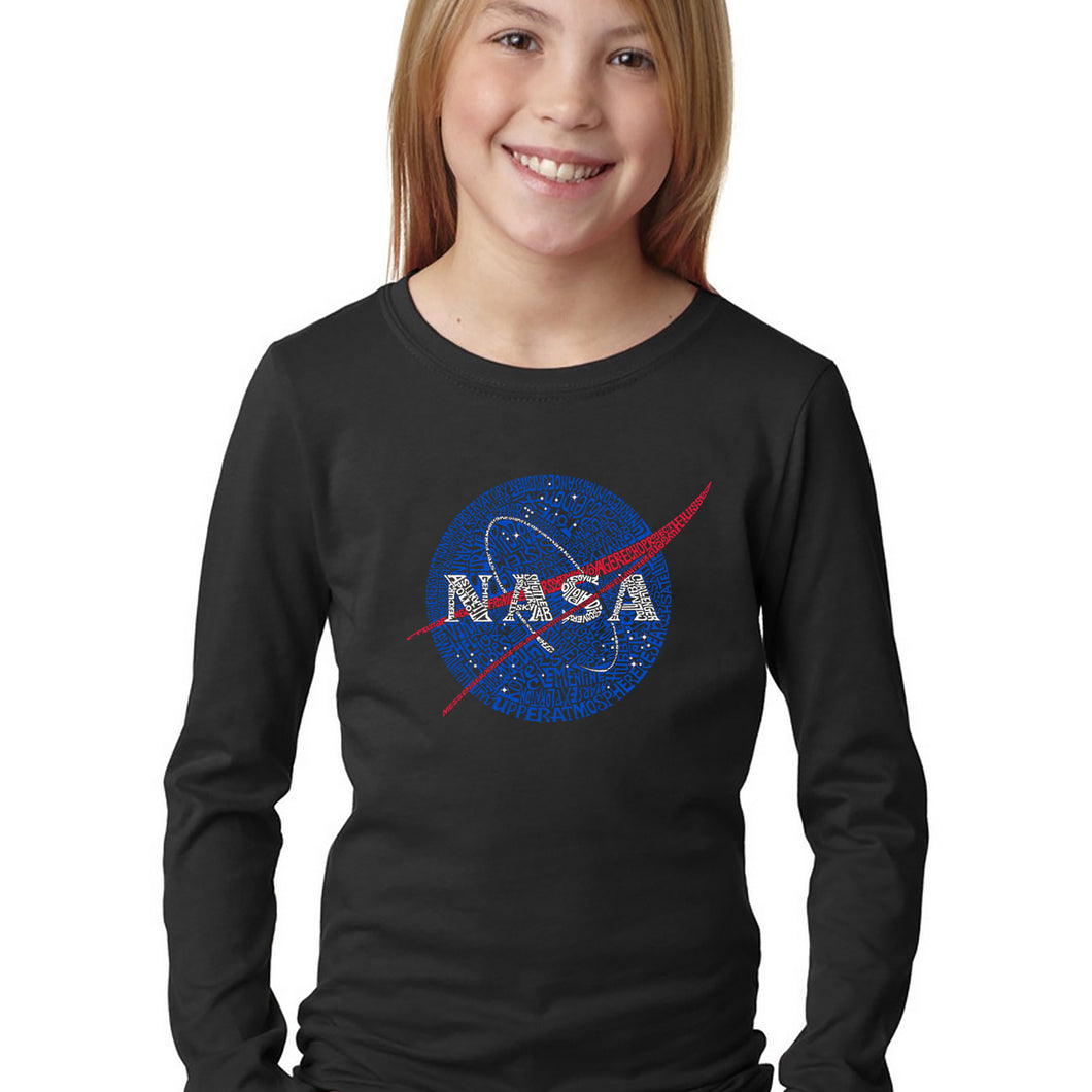 LA Pop Art Girl's Word Art Long Sleeve - NASA's Most Notable Missions