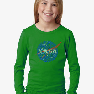 LA Pop Art Girl's Word Art Long Sleeve - NASA's Most Notable Missions