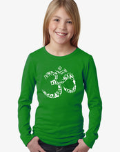 Load image into Gallery viewer, LA Pop Art Girl&#39;s Word Art Long Sleeve - THE OM SYMBOL OUT OF YOGA POSES
