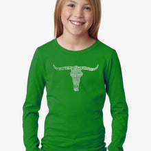 Load image into Gallery viewer, LA Pop Art Girl&#39;s Word Art Long Sleeve - Names of Legendary Outlaws