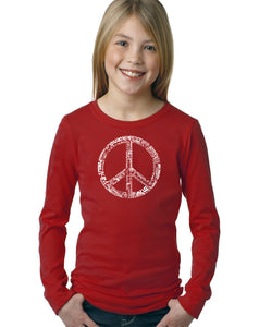 LA Pop Art Girl's Word Art Long Sleeve - THE WORD PEACE IN 77 LANGUAGES