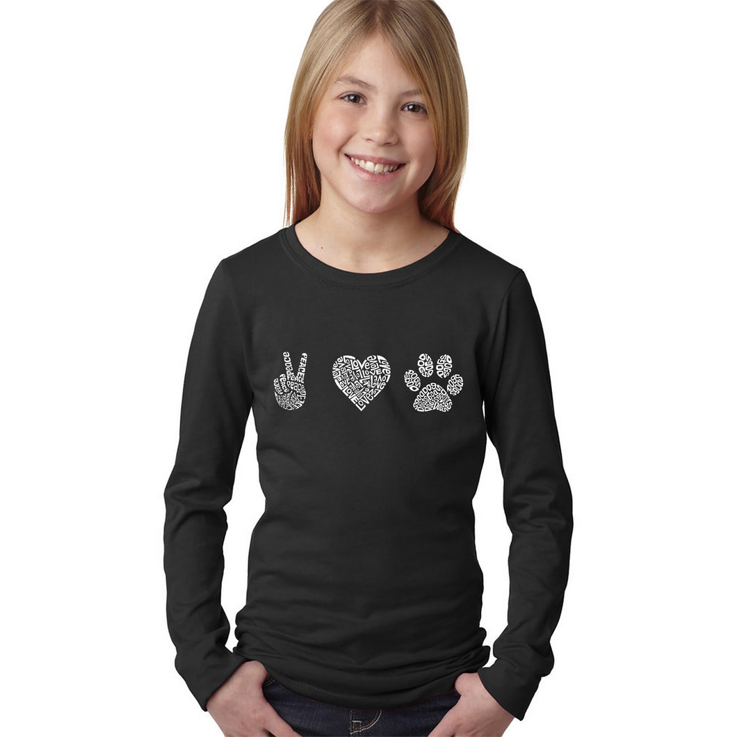 LA Pop Art Girl's Word Art Long Sleeve - Peace Love Dogs