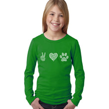 Load image into Gallery viewer, LA Pop Art Girl&#39;s Word Art Long Sleeve - Peace Love Dogs