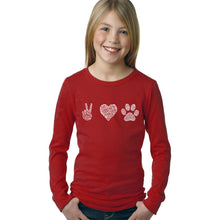 Load image into Gallery viewer, LA Pop Art Girl&#39;s Word Art Long Sleeve - Peace Love Dogs