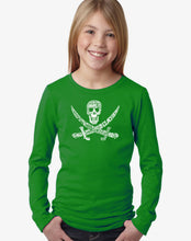 Load image into Gallery viewer, LA Pop Art Girl&#39;s Word Art Long Sleeve - PIRATE CAPTAINS, SHIPS AND IMAGERY