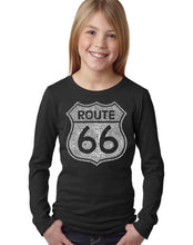 Load image into Gallery viewer, LA Pop Art Girl&#39;s Word Art Long Sleeve - CITIES ALONG THE LEGENDARY ROUTE 66
