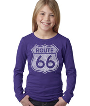 Load image into Gallery viewer, LA Pop Art Girl&#39;s Word Art Long Sleeve - CITIES ALONG THE LEGENDARY ROUTE 66