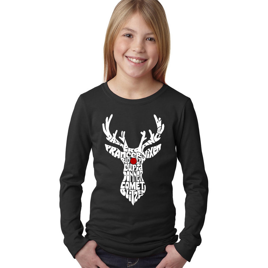 LA Pop Art Girl's Word Art Long Sleeve - Santa's Reindeer