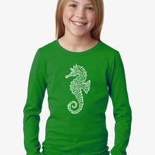 Load image into Gallery viewer, LA Pop Art Girl&#39;s Word Art Long Sleeve - Types of Seahorse