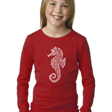 Load image into Gallery viewer, LA Pop Art Girl&#39;s Word Art Long Sleeve - Types of Seahorse
