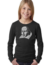 Load image into Gallery viewer, LA Pop Art Girl&#39;s Word Art Long Sleeve - THE TITLES OF ALL OF WILLIAM SHAKESPEARE&#39;S COMEDIES &amp; TRAGEDIES