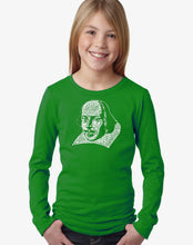 Load image into Gallery viewer, LA Pop Art Girl&#39;s Word Art Long Sleeve - THE TITLES OF ALL OF WILLIAM SHAKESPEARE&#39;S COMEDIES &amp; TRAGEDIES