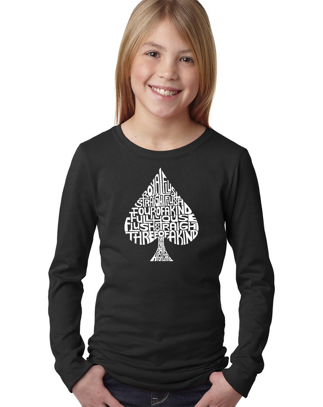 LA Pop Art Girl's Word Art Long Sleeve - ORDER OF WINNING POKER HANDS