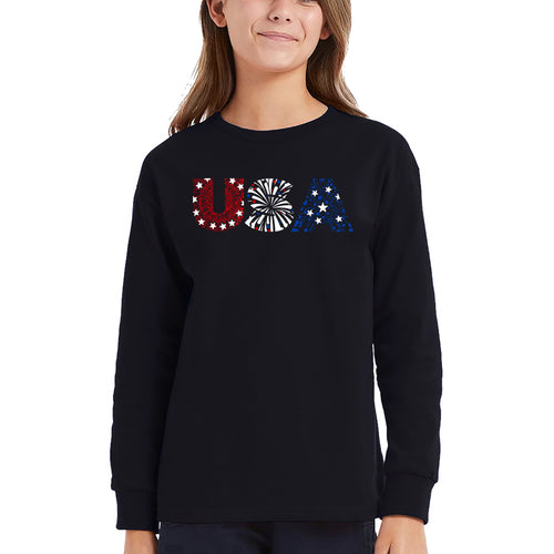 USA Fireworks - Girl's Word Art Long Sleeve T-Shirt