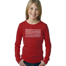 Load image into Gallery viewer, LA Pop Art Girl&#39;s Word Art Long Sleeve - 50 States USA Flag