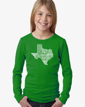 Load image into Gallery viewer, LA Pop Art Girl&#39;s Word Art Long Sleeve - The Great State of Texas