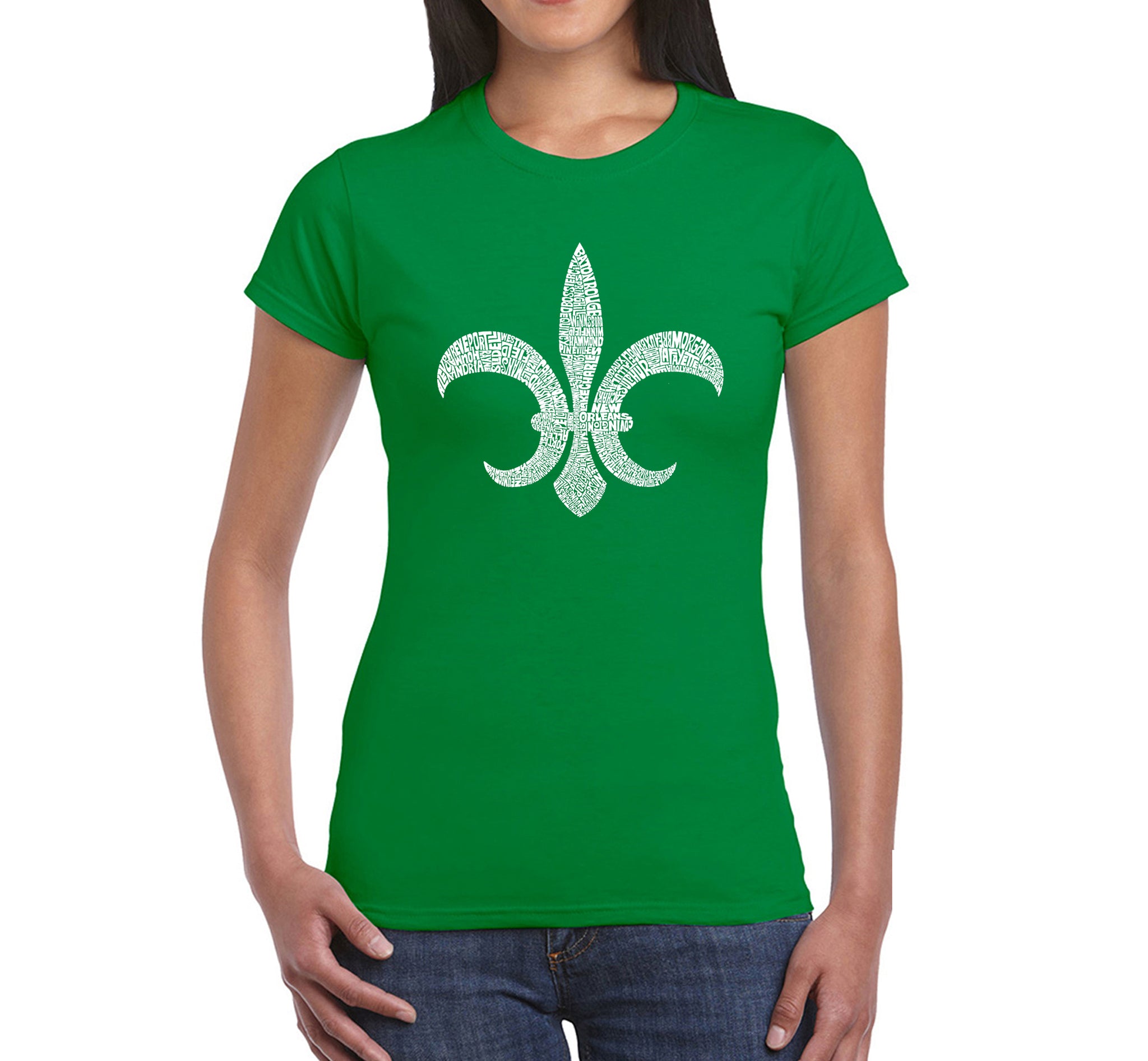 Fleur de Lis Popular Louisiana Cities - Women's Word Art T-Shirt XL / Kelly