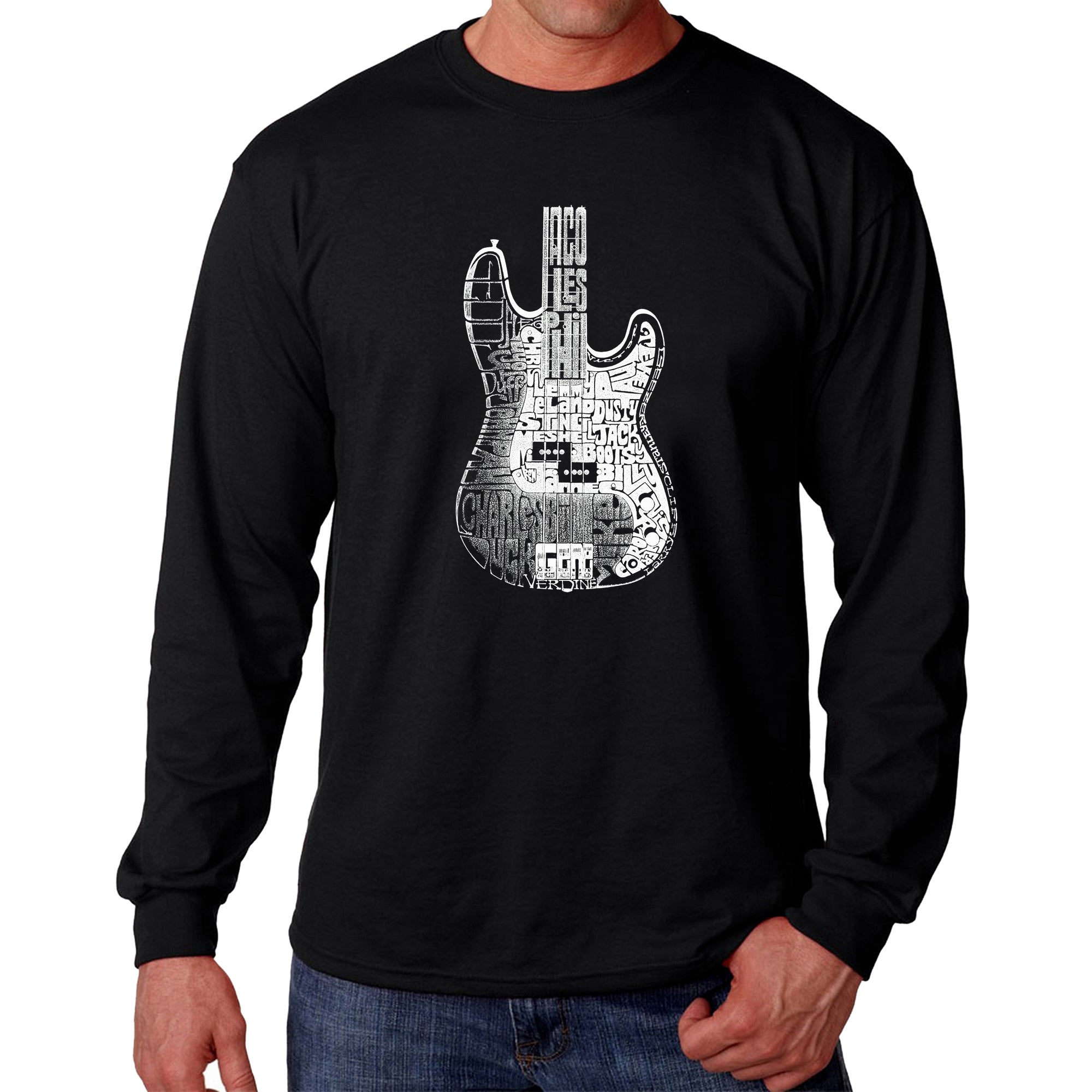 Men's Word Art Long Sleeve Bass Guitar T-Shirt - Black - Size XL