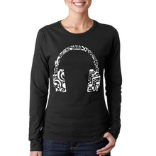 Load image into Gallery viewer, Music Note Headphones - Women&#39;s Word Art Long Sleeve T-Shirt